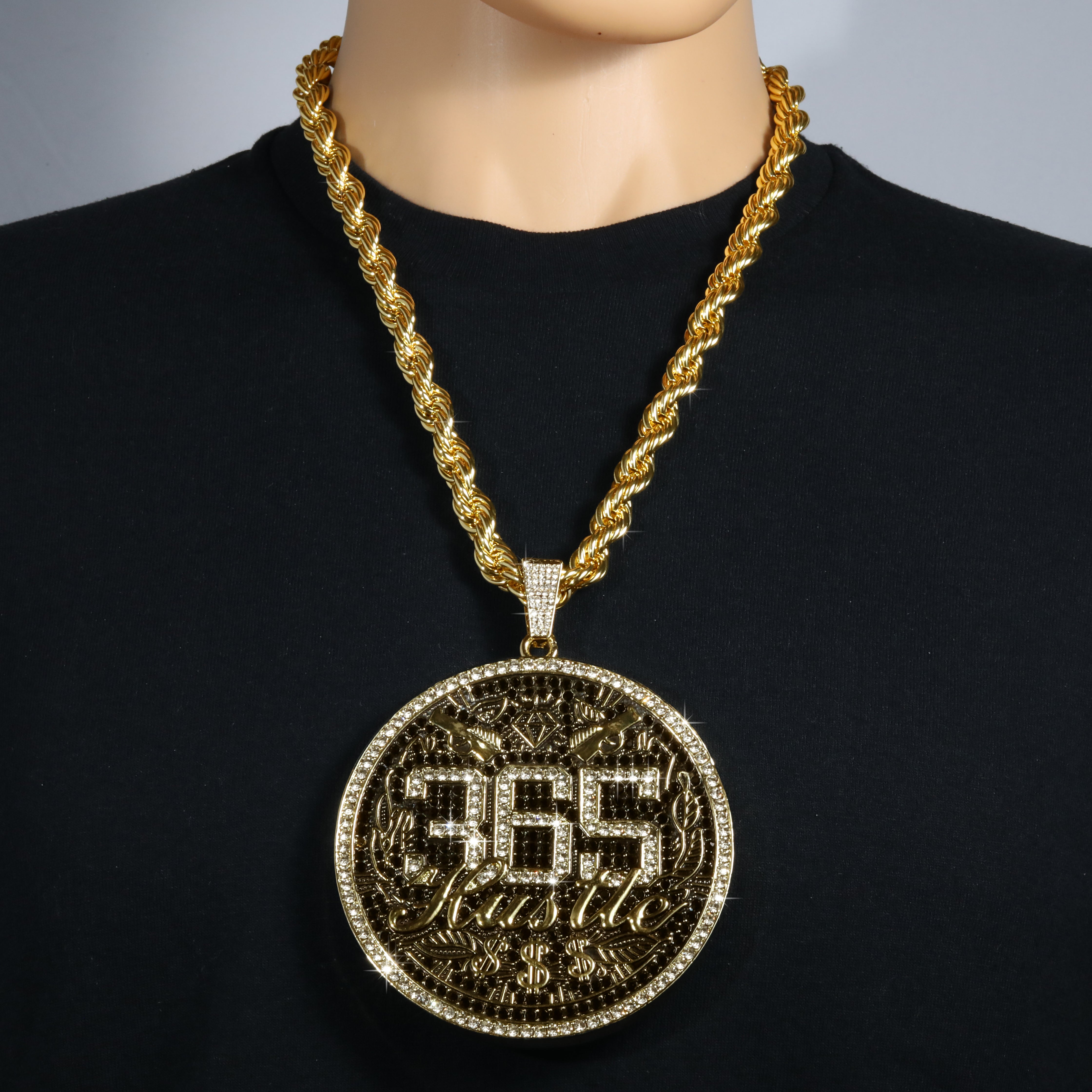 Huge Extra Large "365 HUSTLE MONEY SIGN" 14k Gold Plated Necklace