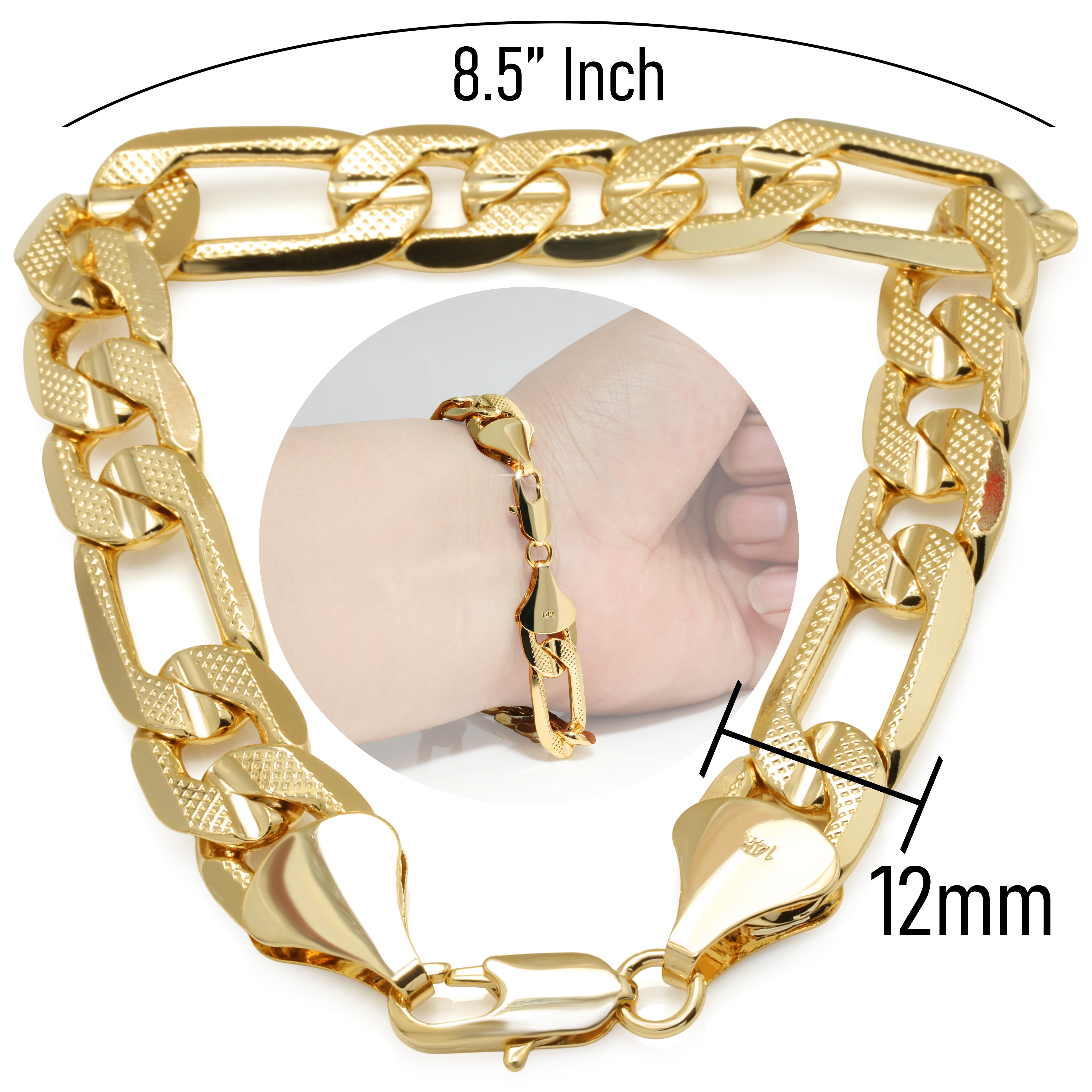 FROSTED 12MM/9"INCHES 14K GOLD FINISH FIGARO LINK BRACELET