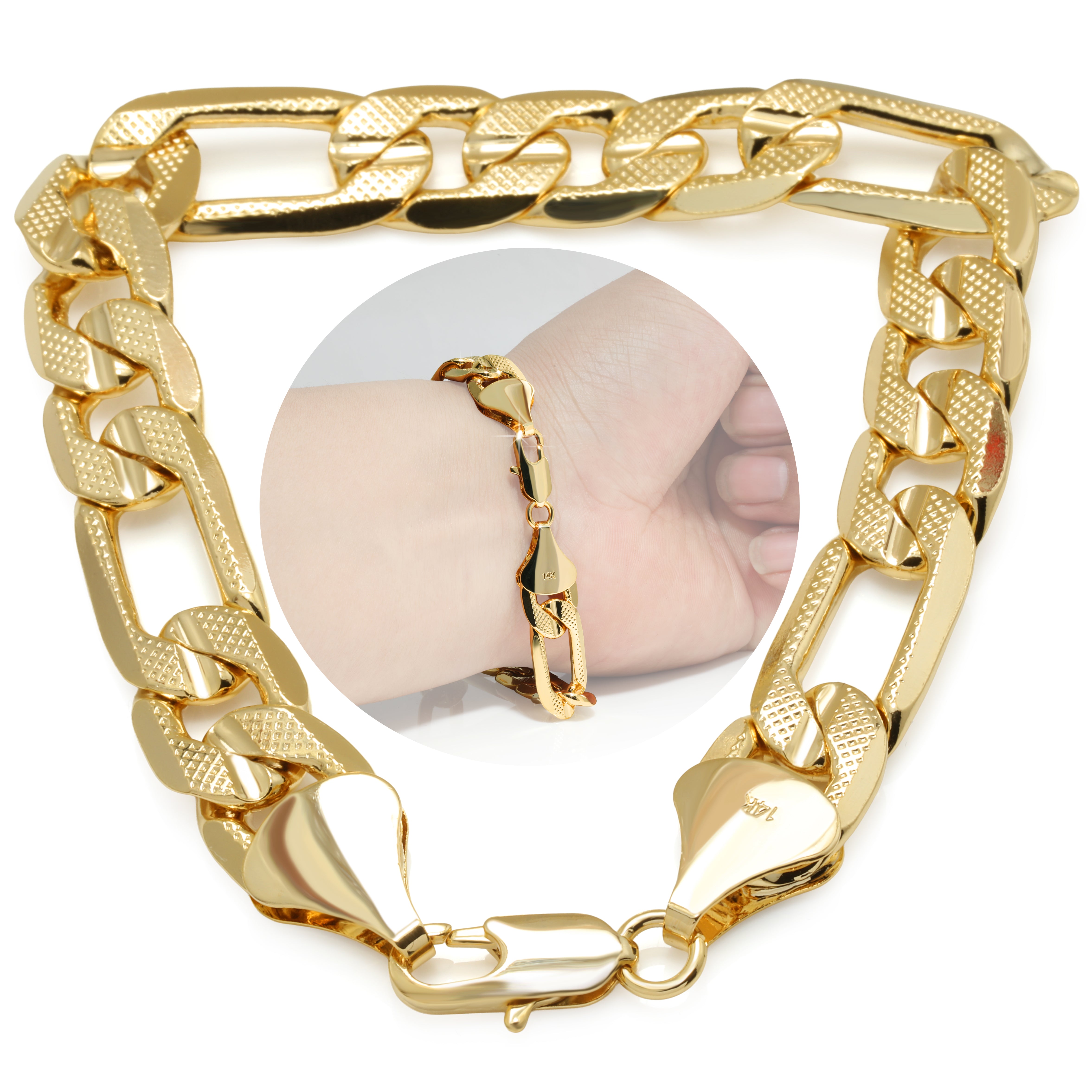 FROSTED 12MM/9"INCHES 14K GOLD FINISH FIGARO LINK BRACELET