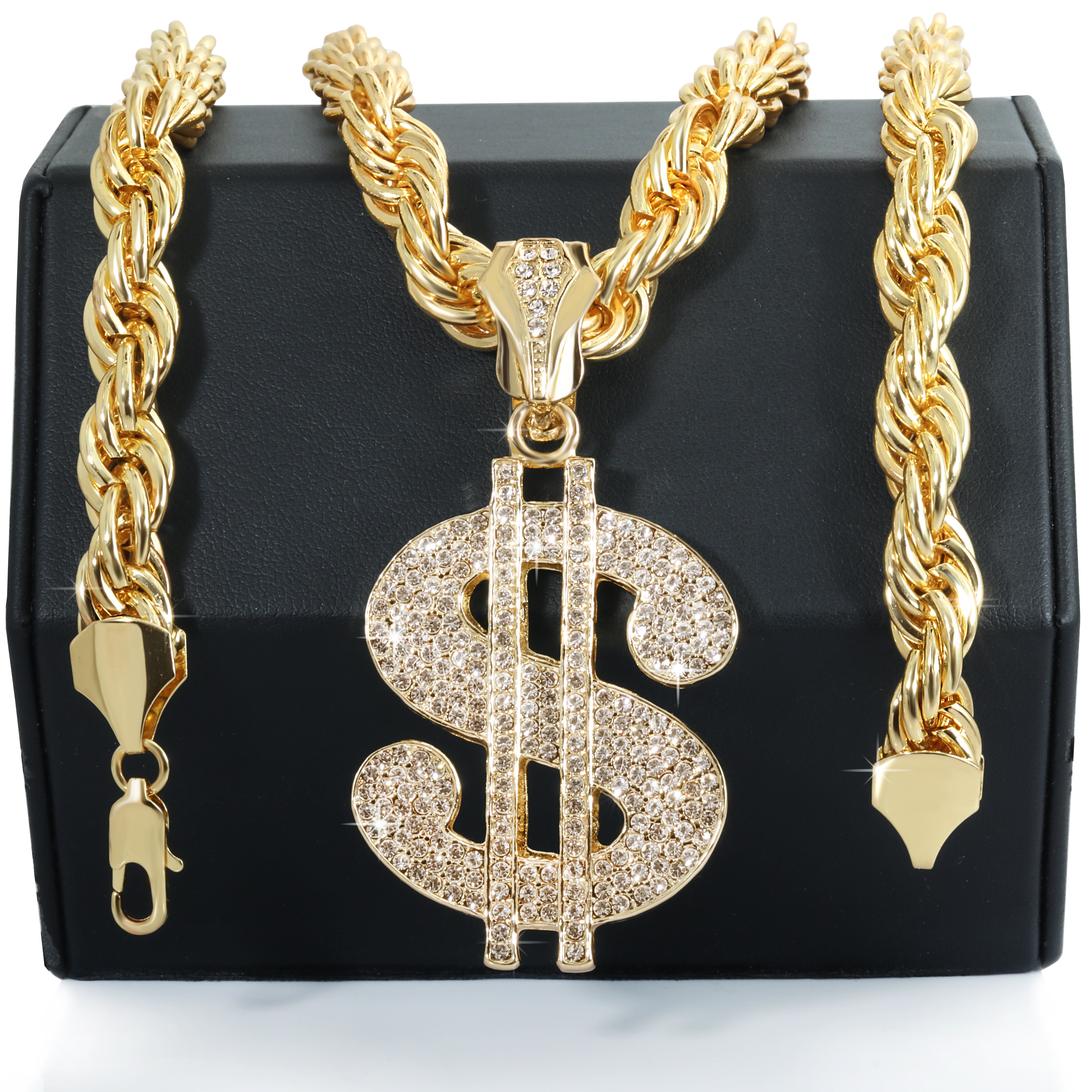 Cash Money Sign Fully Iced | 14K Rope Necklace Gold Plated 10mm