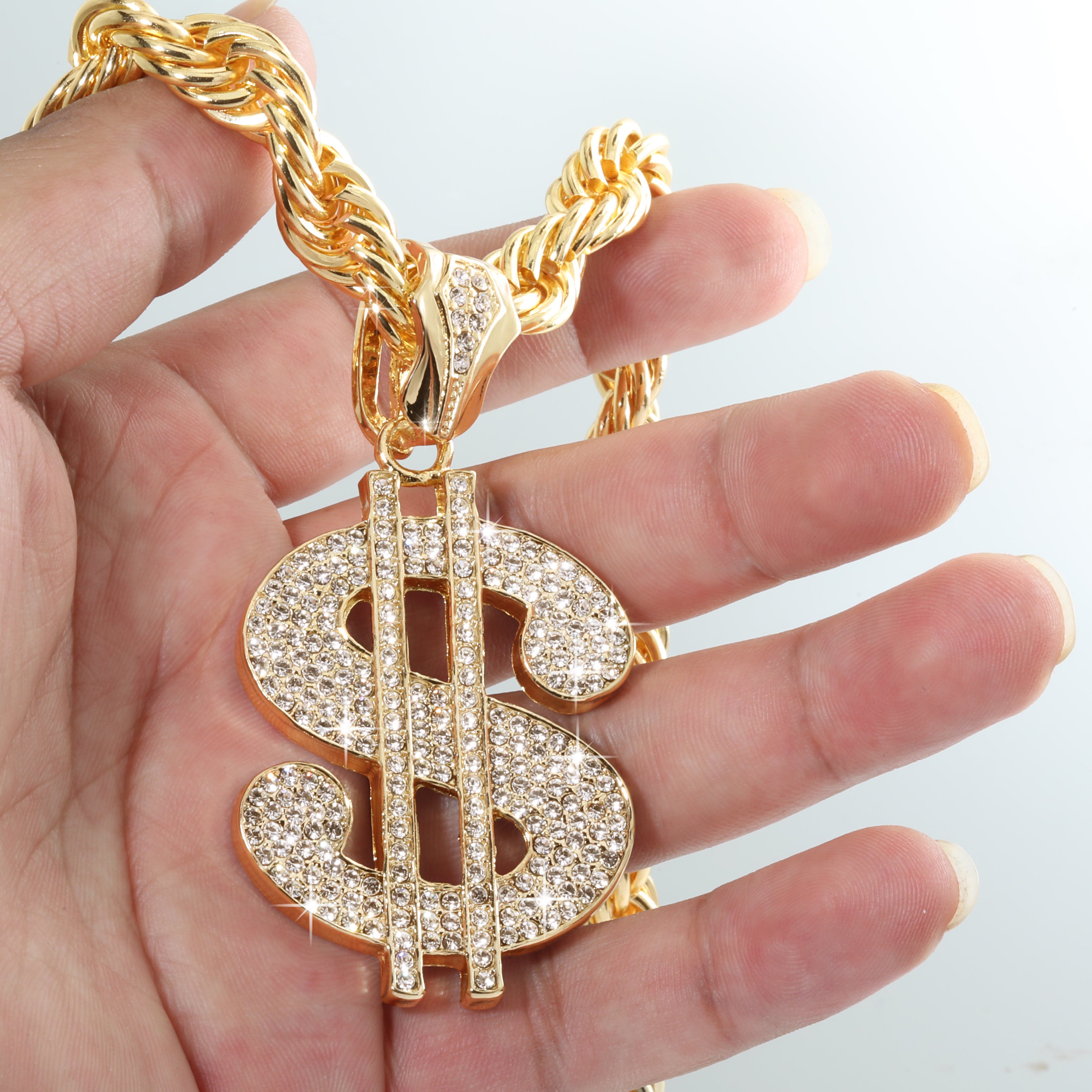 Cash Money Sign Fully Iced | 14K Rope Necklace Gold Plated 10mm