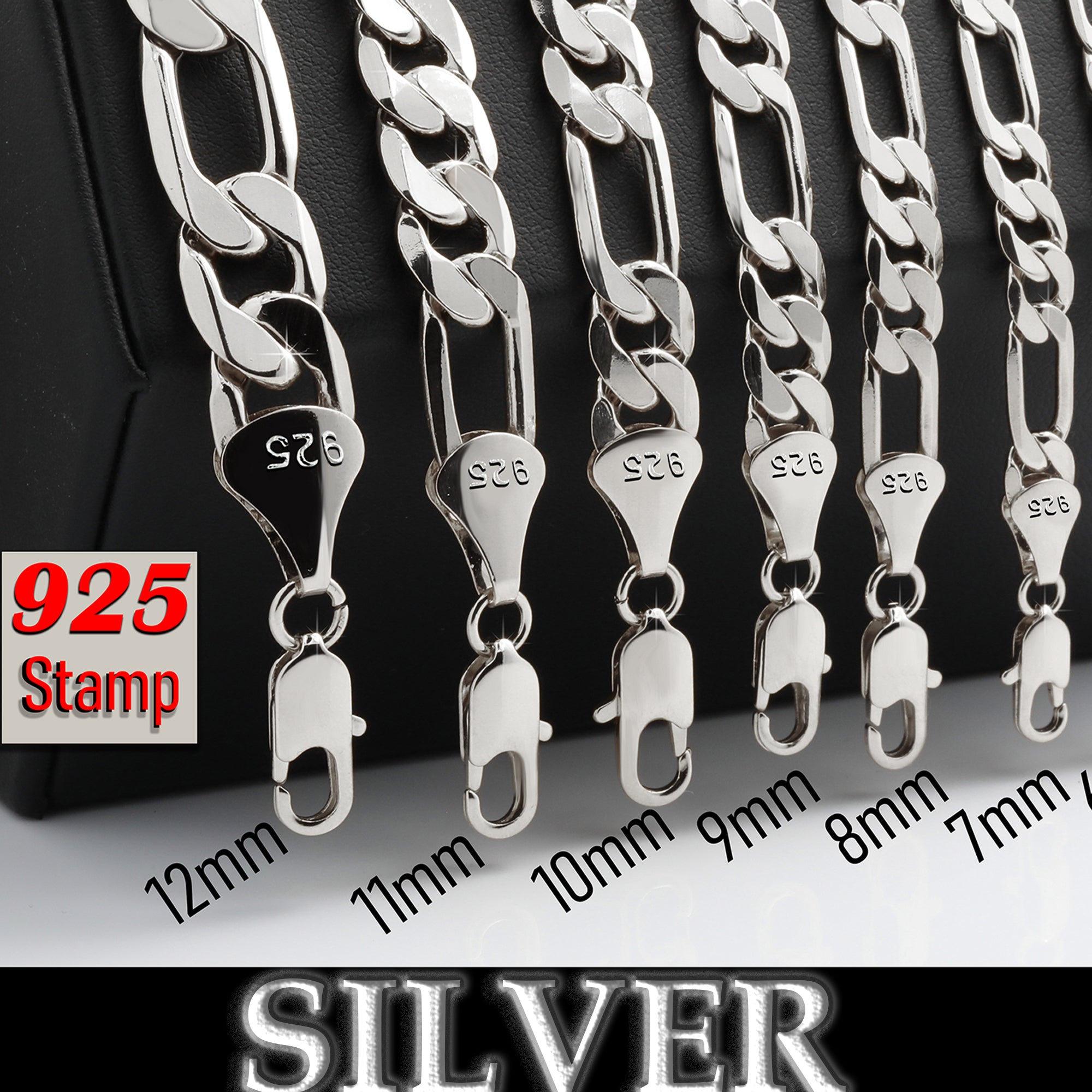 Silver Fillec 5mm-12mm/24" FIGARO LINK CHAIN NECKLACE