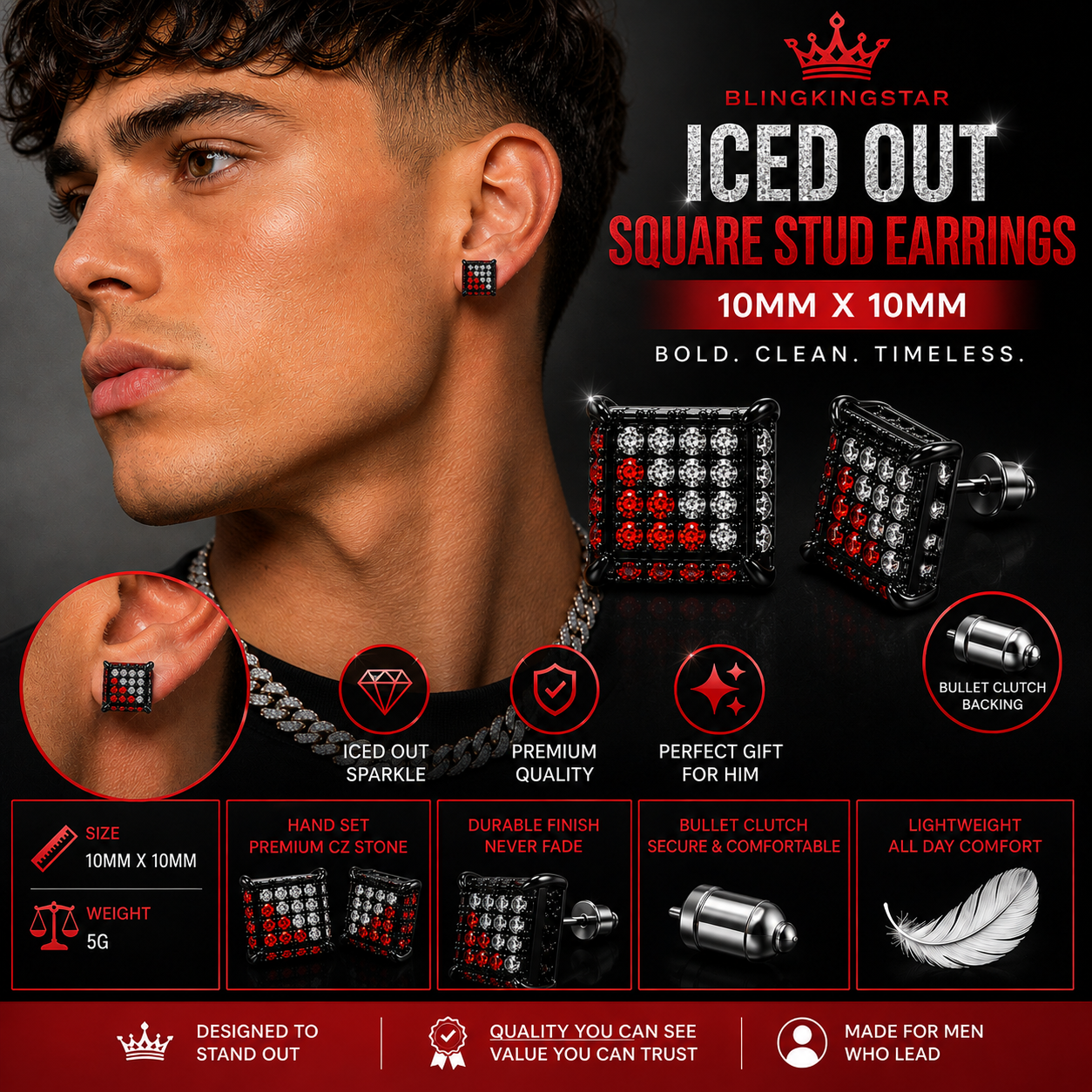 Hip Hop M Square Stud Earrings – AAA+ CZ Mounted Black-clear-RED Iced Out Earrings for Men & Women | Fashion Jewelry