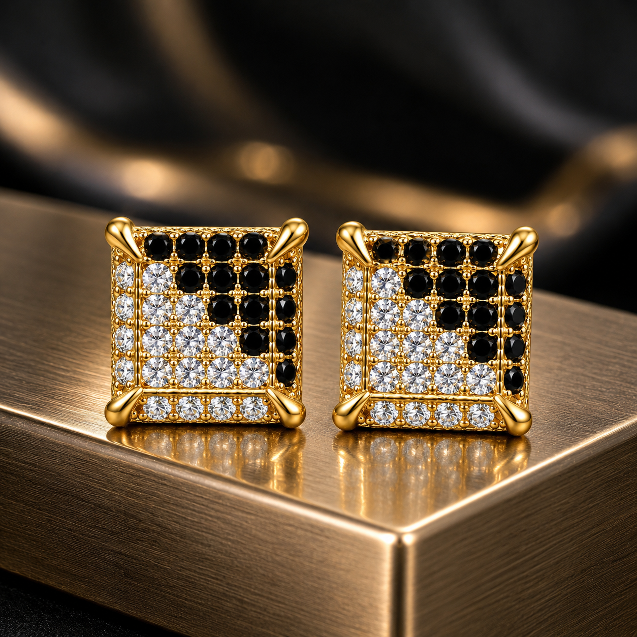 Hip Hop M Square Stud Earrings – AAA+ CZ Mounted Gold-clear-Black Iced Out Earrings for Men & Women | Fashion Jewelry