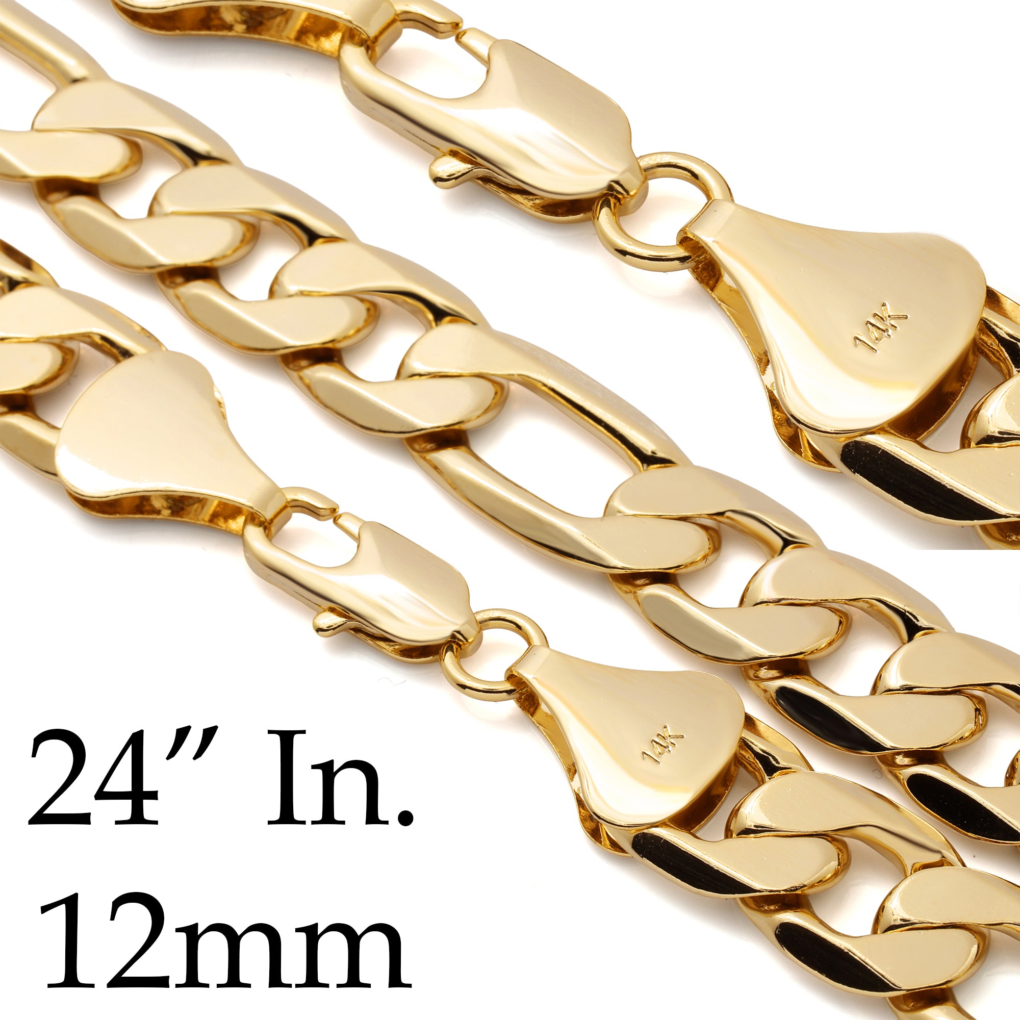12 MM/24" FIGARO LINK CHAIN NECKLACE 14K REAL GOLD FILLED