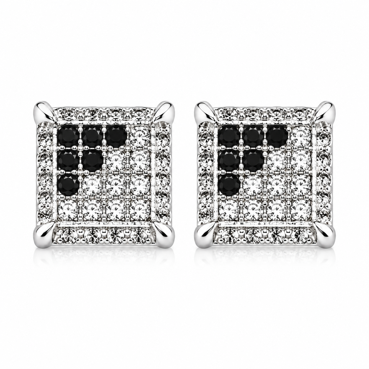 Hip Hop M Square Stud Earrings – AAA+ CZ Mounted Silver-clear-Black Iced Out Earrings for Men & Women | Fashion Jewelry