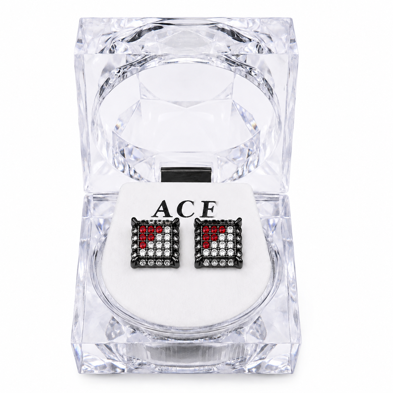 Hip Hop M Square Stud Earrings – AAA+ CZ Mounted Black-clear-Red Iced Out Earrings for Men & Women | Fashion Jewelry