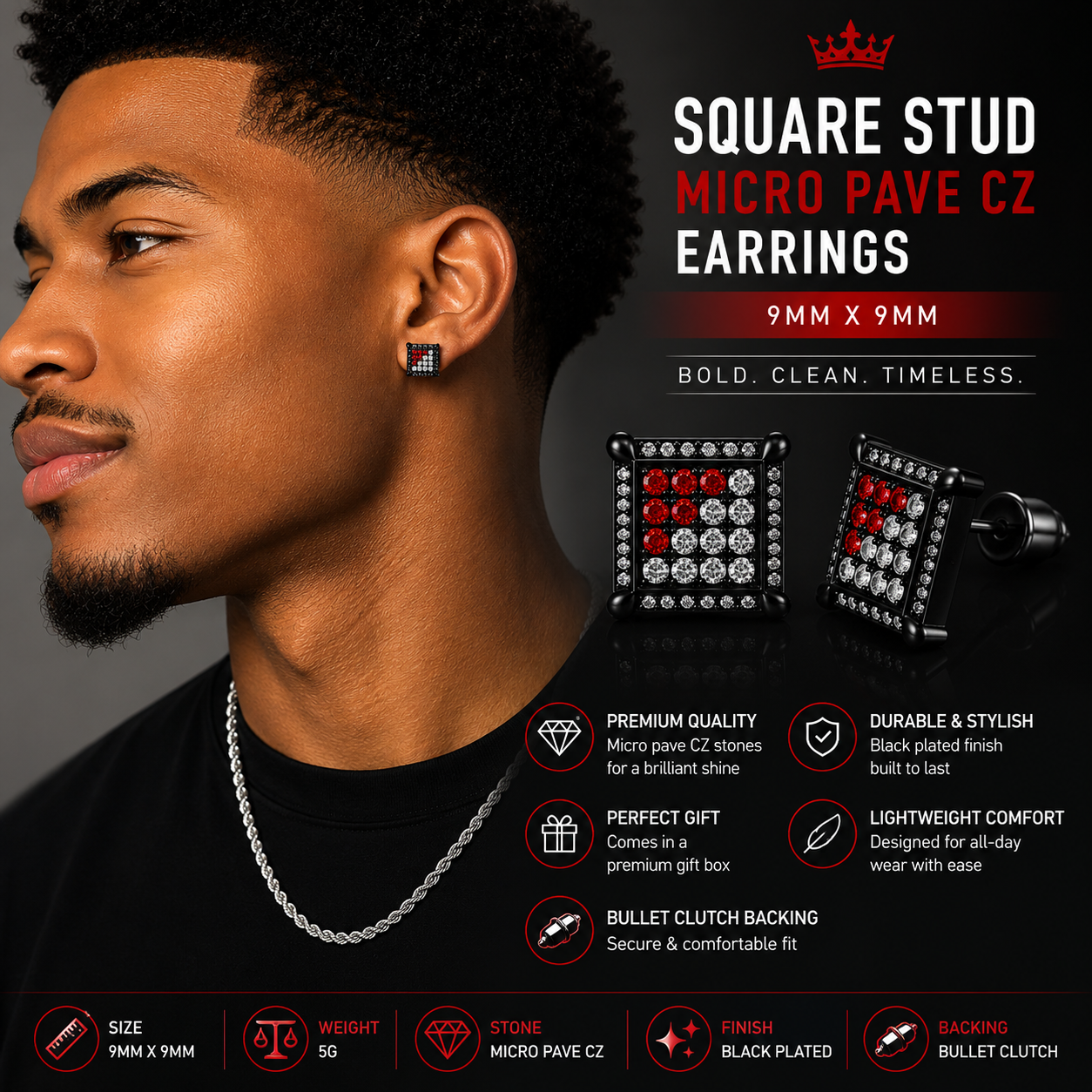 Hip Hop M Square Stud Earrings – AAA+ CZ Mounted Black-clear-Red Iced Out Earrings for Men & Women | Fashion Jewelry