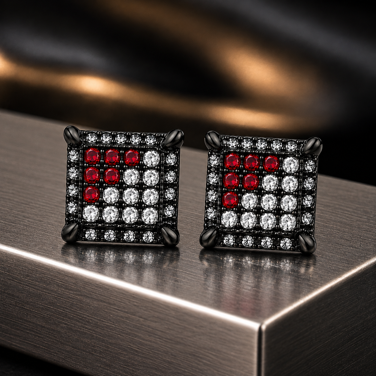 Hip Hop M Square Stud Earrings – AAA+ CZ Mounted Black-clear-Red Iced Out Earrings for Men & Women | Fashion Jewelry