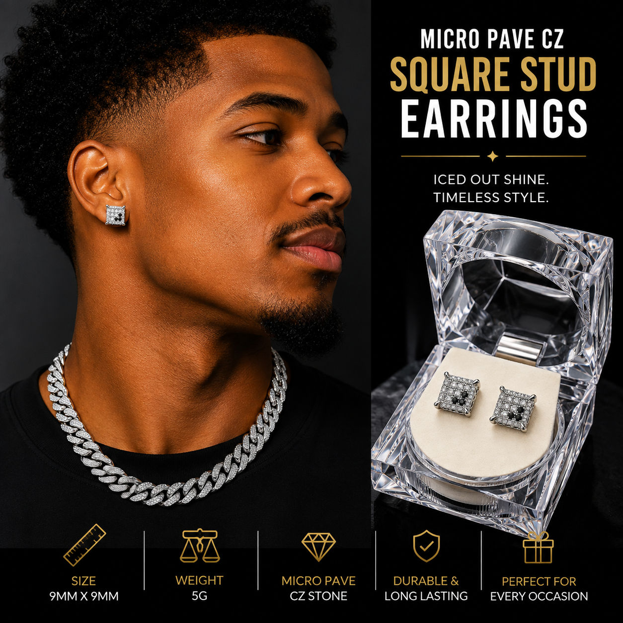 Hip Hop M Square Stud Earrings – AAA+ CZ Mounted Silver-clear-Black Iced Out Earrings for Men & Women | Fashion Jewelry