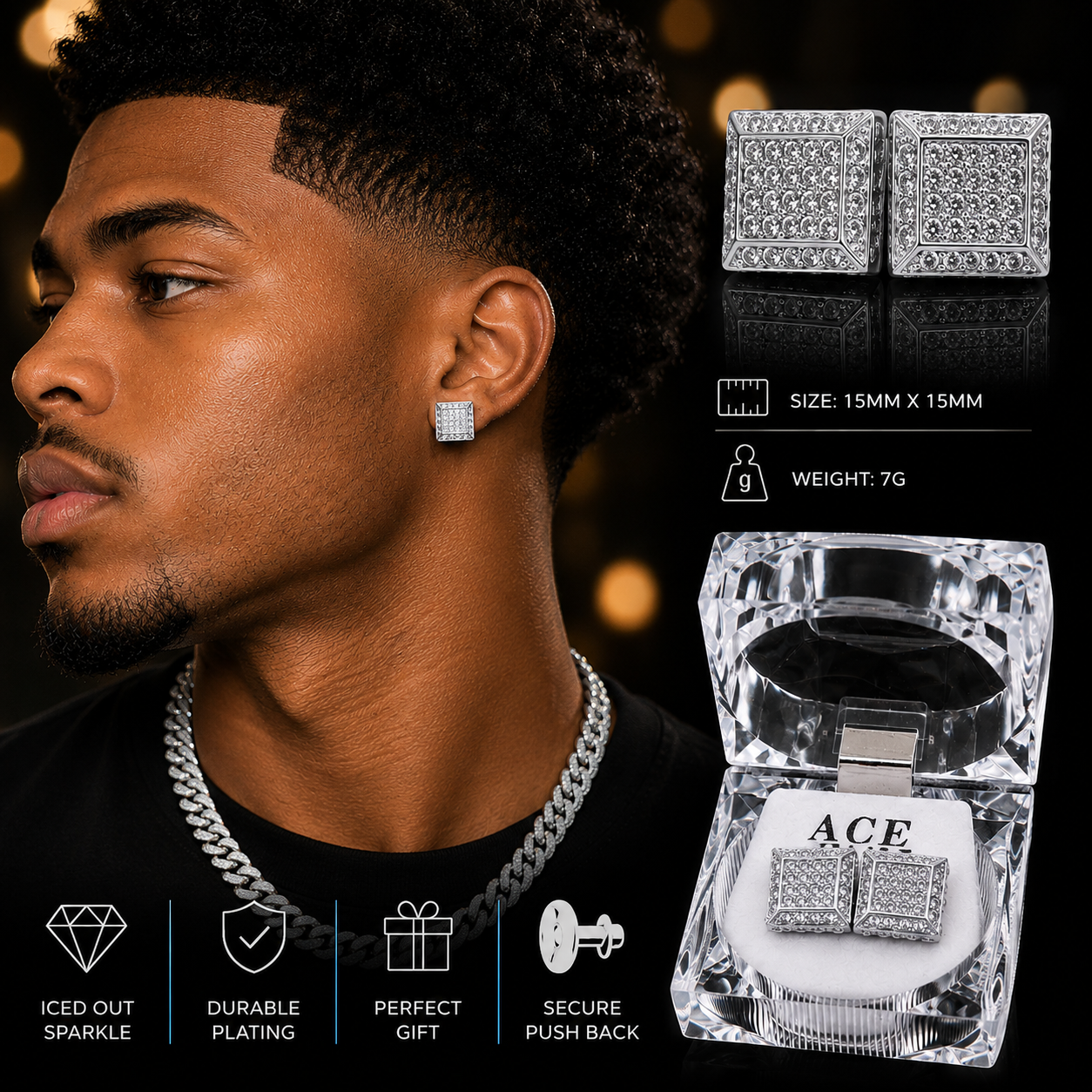 Hip Hop Square Stud Earrings – AAA+ CZ Mounted Silver Iced Out Earrings for Men & Women | Fashion Jewelry