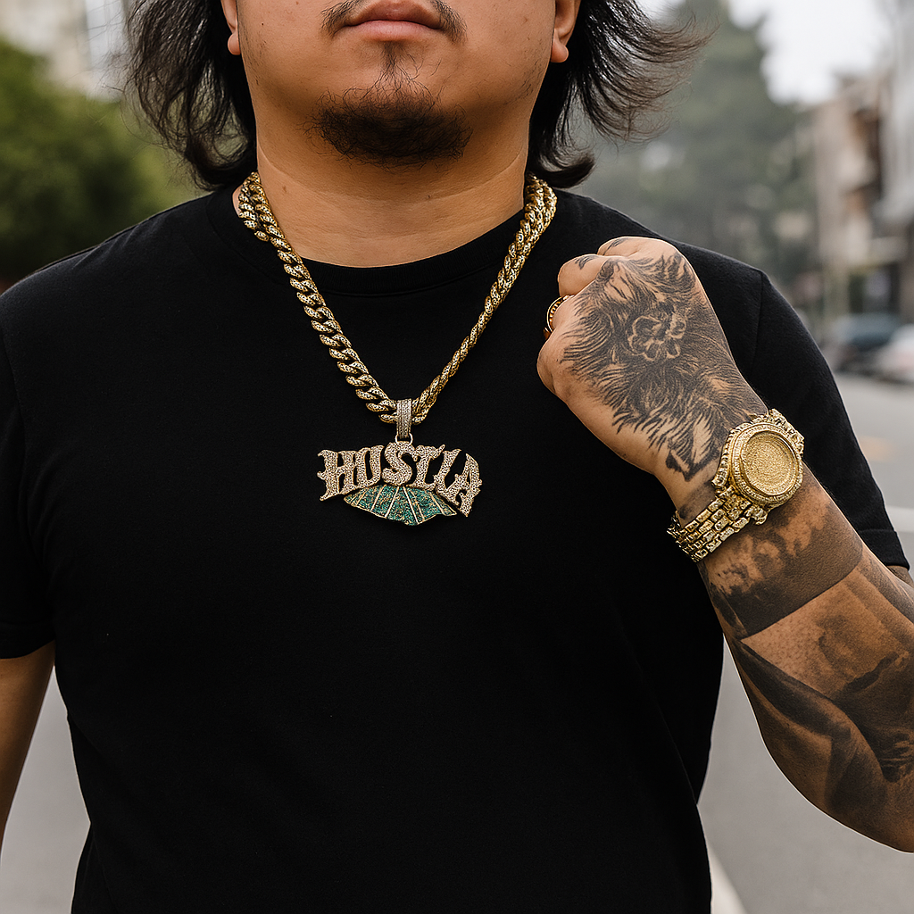 XXL Money Hustla Pendant & Iced Cuban Chain – 16mm 18"-30" Gold Hip Hop Bling