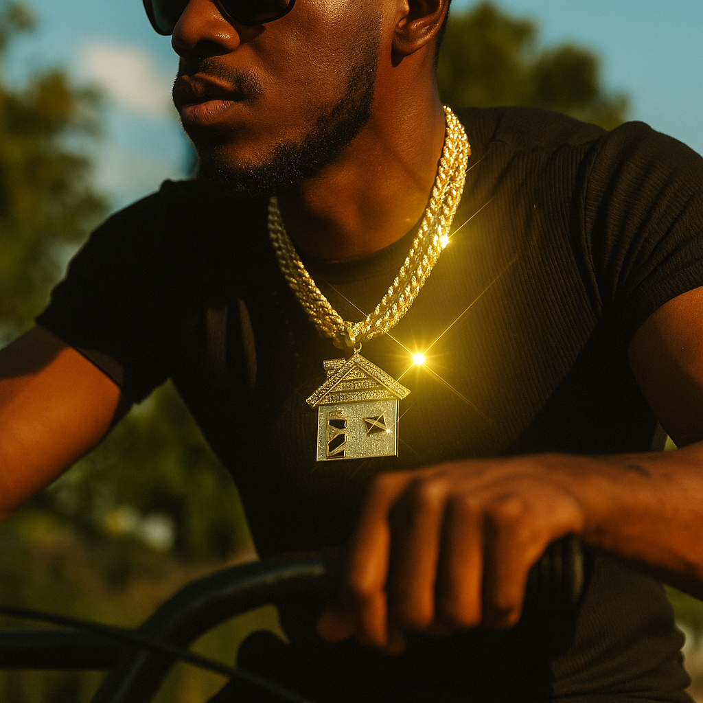 3pc Huge Silver Stardust Bando House Gold Plated 18,20" Fully Cz3pc Set – Huge Silver Stardust Bando House Pendant & Iced Cuban Chains 18"/20" Hop Cuban Choker Chain