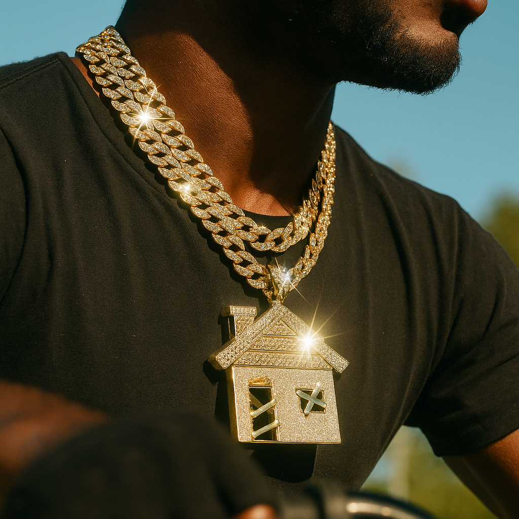 3pc Huge Silver Stardust Bando House Gold Plated 18,20" Fully Cz3pc Set – Huge Silver Stardust Bando House Pendant & Iced Cuban Chains 18"/20" Hop Cuban Choker Chain