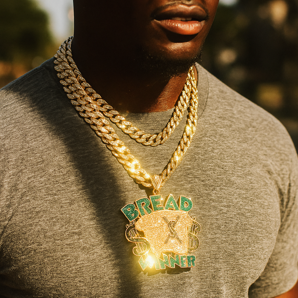 3PC Set – Huge Bread Winner Pendant with 18"/20" Gold Iced Cuban Chains