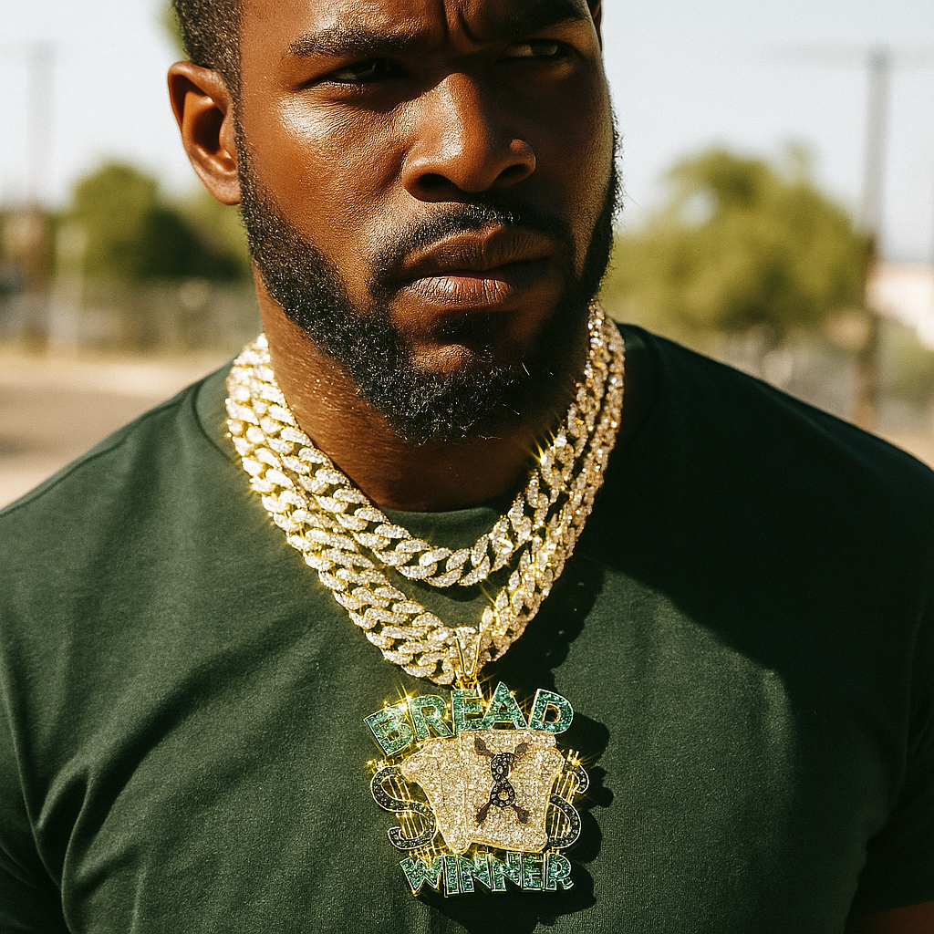 3PC Set – Huge Bread Winner Pendant with 18"/20" Gold Iced Cuban Chains
