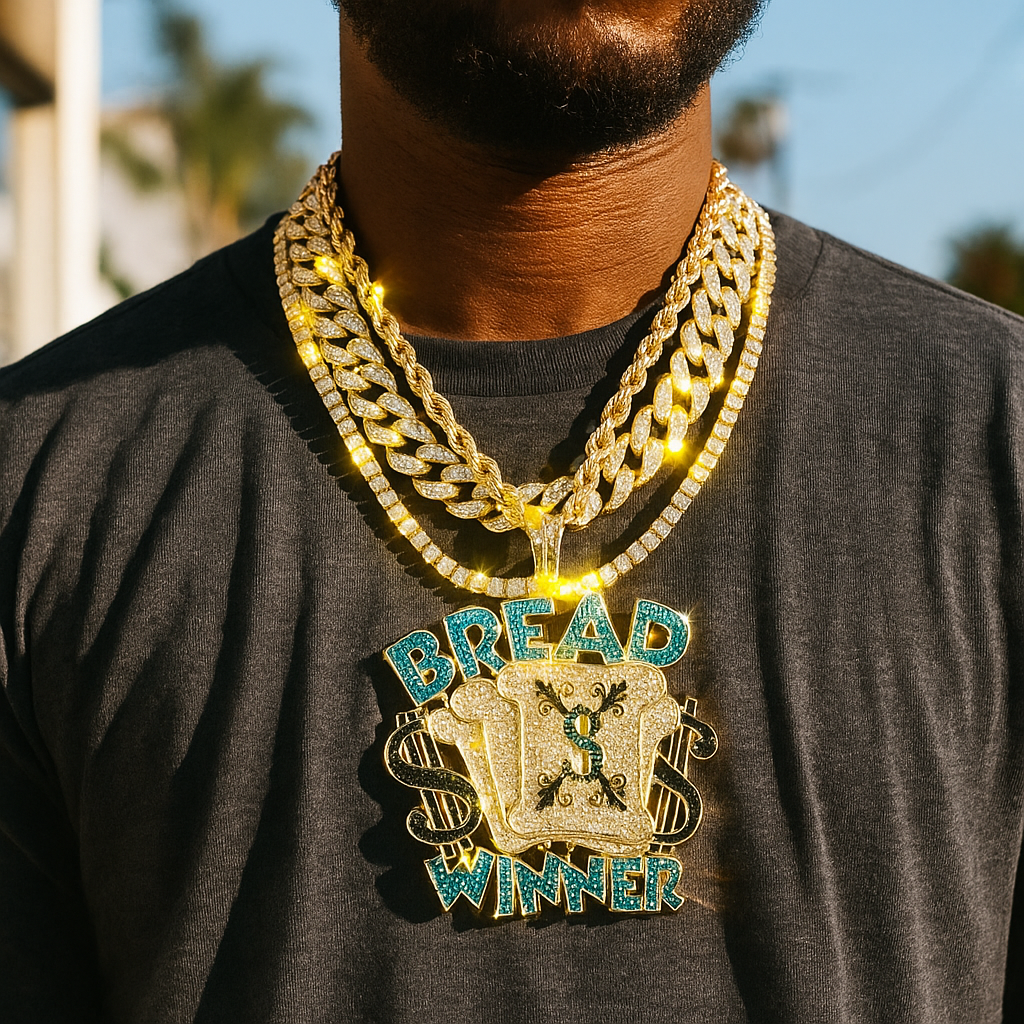 4PC Set – Bread Winner Pendant with Gold CZ Cuban, Tennis & Rope Chains