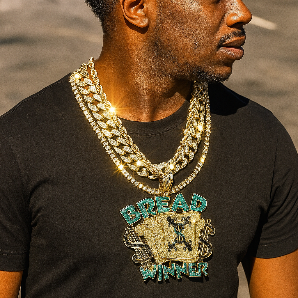 4PC Set – Bread Winner Pendant with Gold CZ Cuban, Tennis & Rope Chains