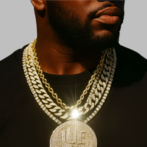 4PC Set – Ice Age Pendant with Gold CZ Cuban, Tennis & Rope Chains