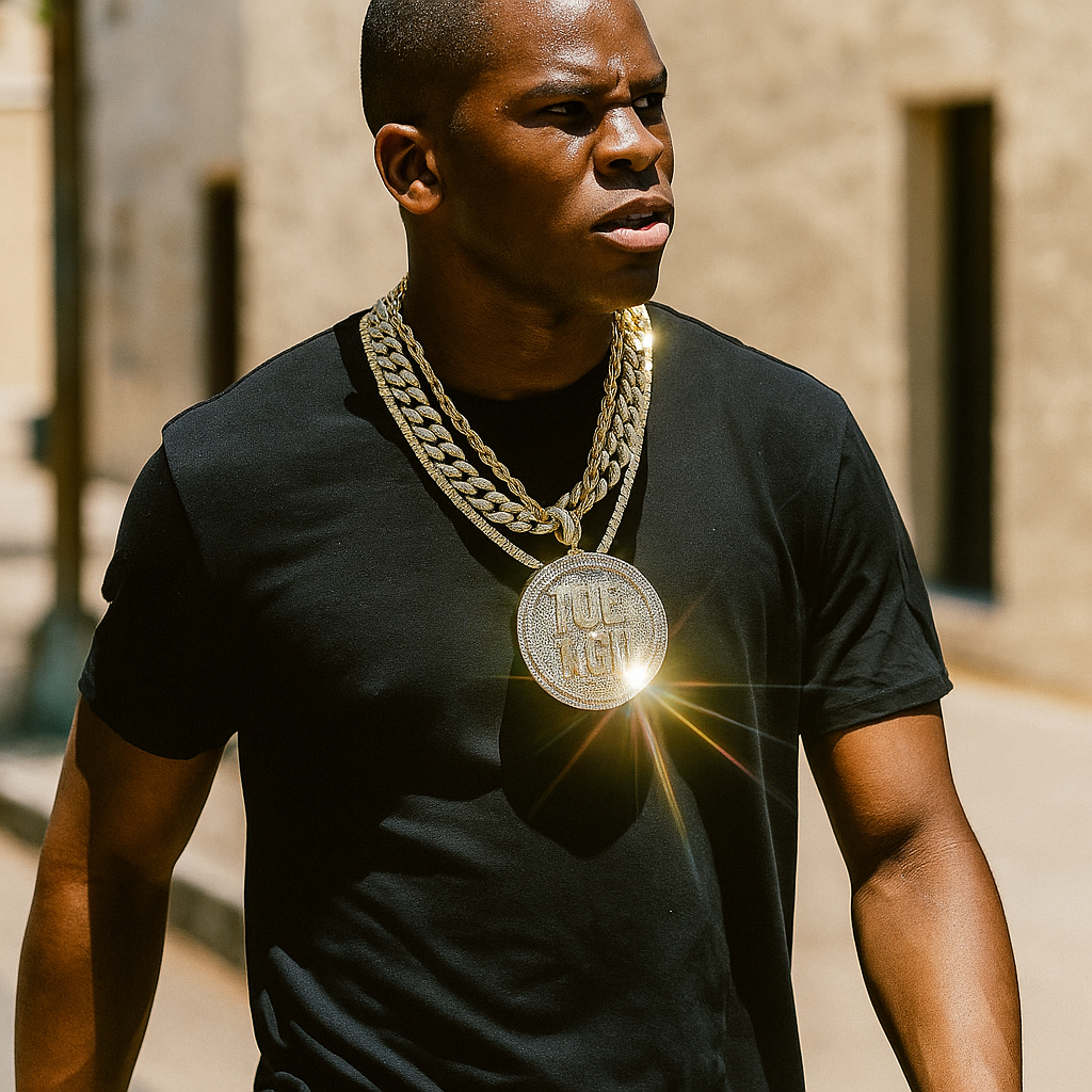 4PC Set – Ice Age Pendant with Gold CZ Cuban, Tennis & Rope Chains