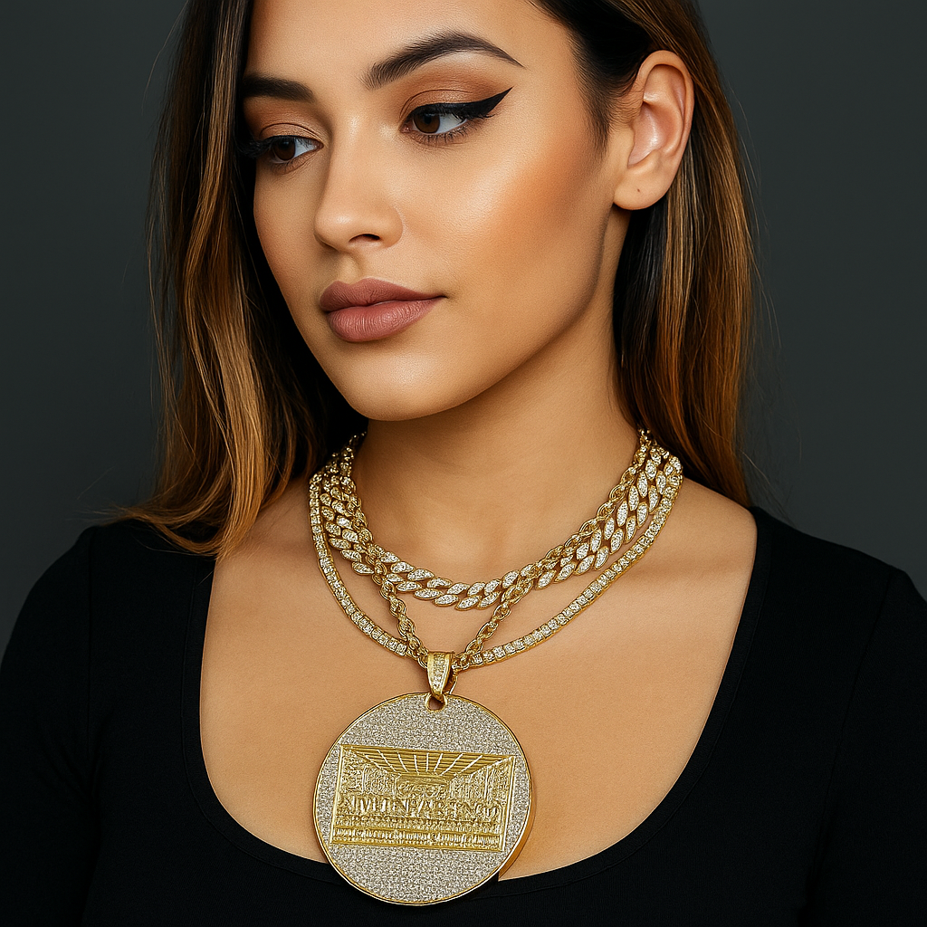 4PC Set β Huge Round Last Supper Pendant with Gold CZ Cuban, Tennis & Rope Chains
