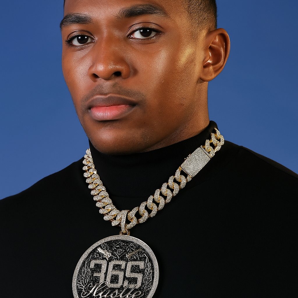 XXL Round 365 Hustle Pendant with 14K Gold Plated 20" Cuban Choker Chain – Box Clasp