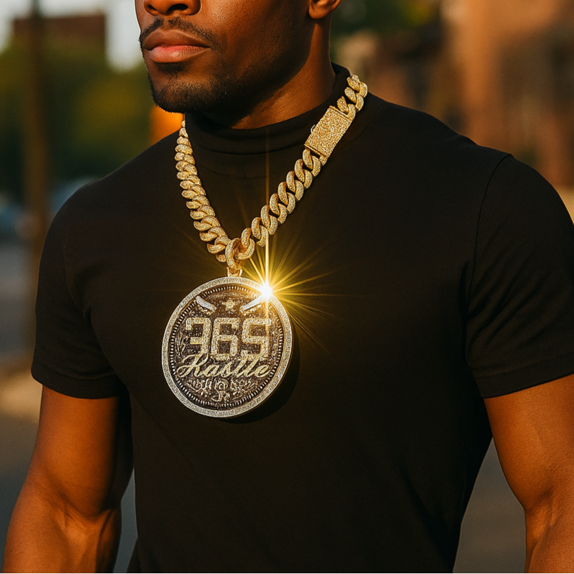 XXL Round 365 Hustle Pendant with 14K Gold Plated 20" Cuban Choker Chain – Box Clasp