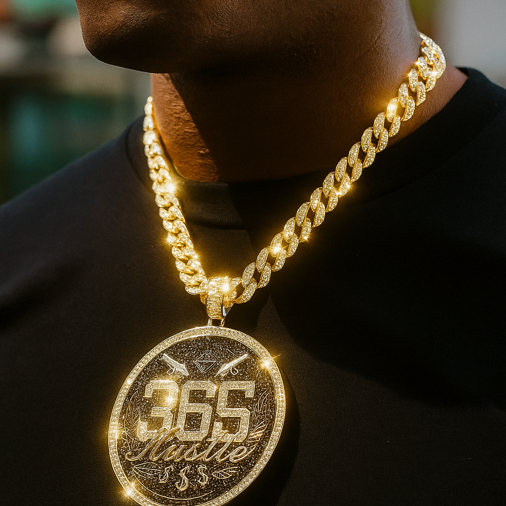Large Jumbo "365 Hustle" 14k Gold Plated Pendant & Cuban Chain Necklace - Full Prong CZ