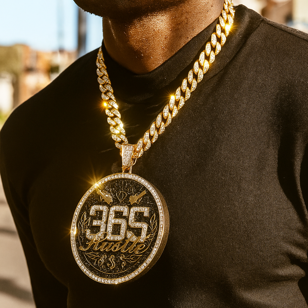 Large Jumbo "365 Hustle" 14k Gold Plated Pendant & Cuban Chain Necklace - Full Prong CZ