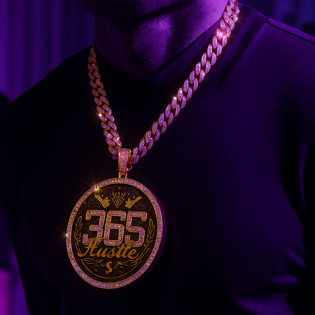 Large Jumbo "365 Hustle" 14k Gold Plated Pendant & Cuban Chain Necklace - Full Prong CZ