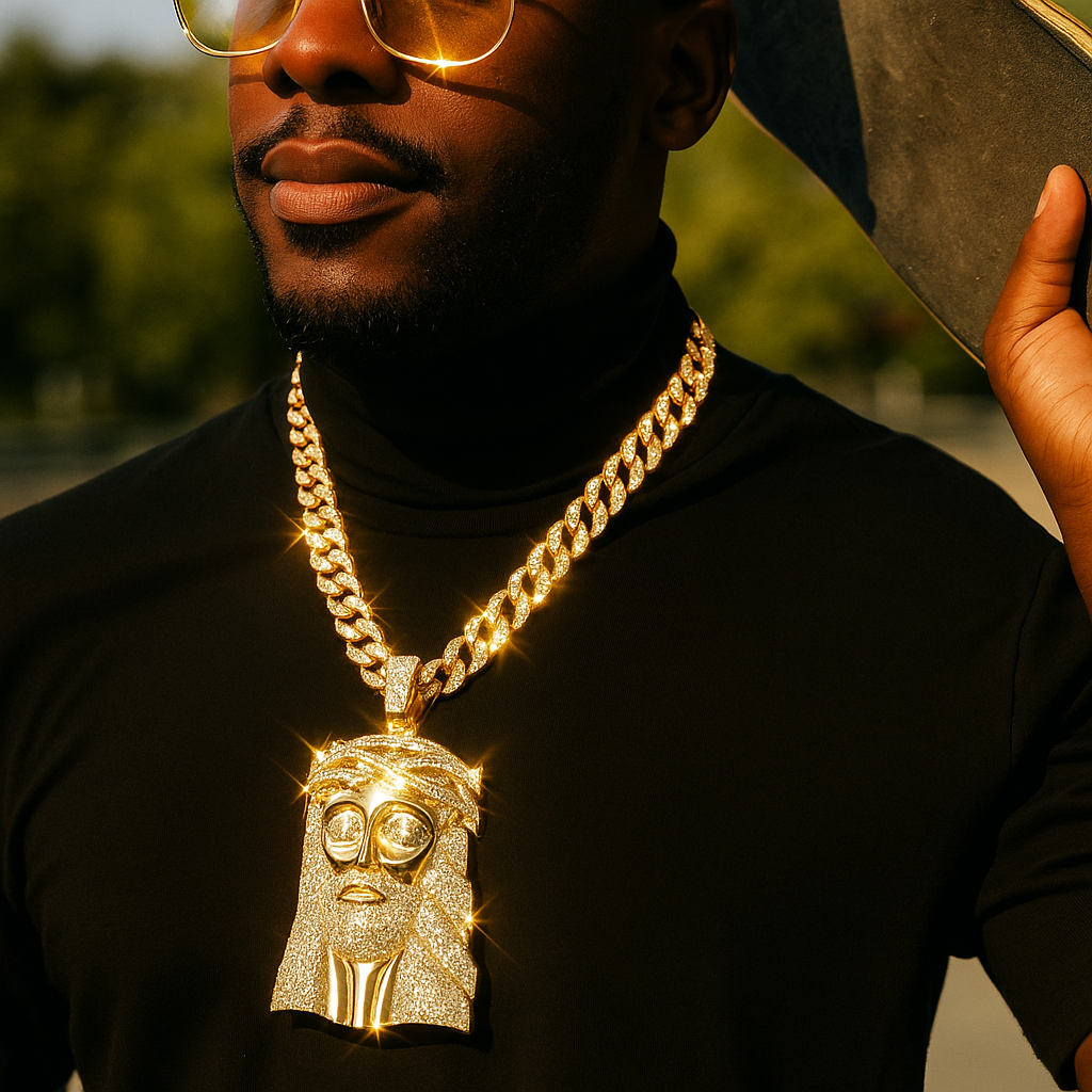 Large Jumbo "Crowned Jesus Face" 14k Gold Plated Pendant & Cuban Chain Necklace - Full Prong CZ