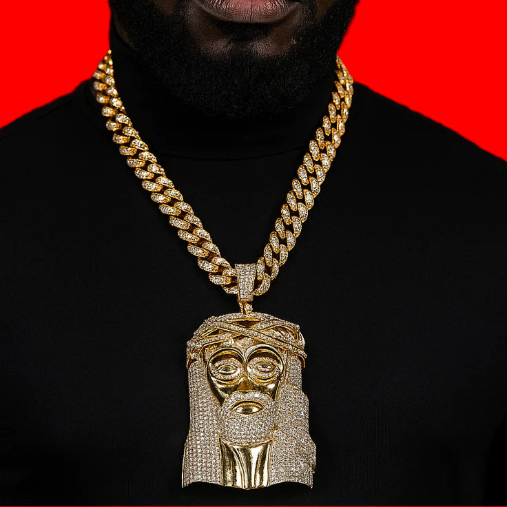 Large Jumbo "Crowned Jesus Face" 14k Gold Plated Pendant & Cuban Chain Necklace - Full Prong CZ