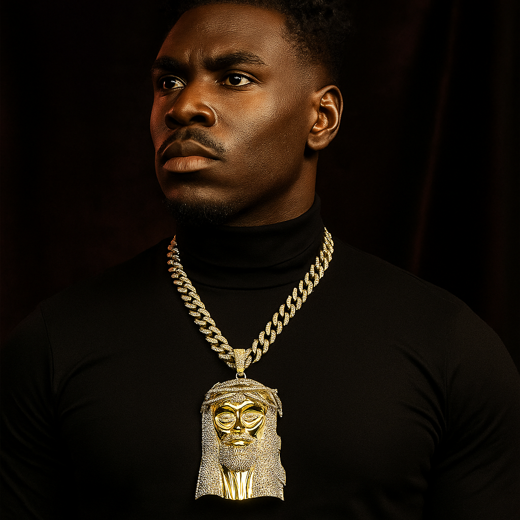 Large Jumbo "Crowned Jesus Face" 14k Gold Plated Pendant & Cuban Chain Necklace - Full Prong CZ