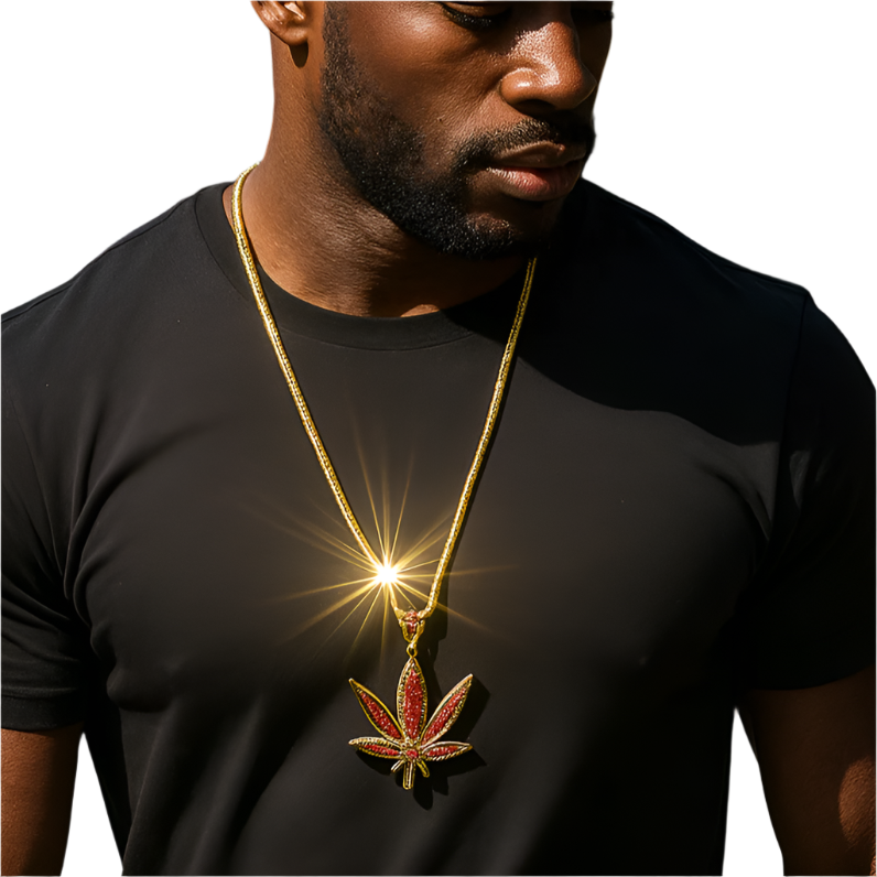 Iced Out Red Marijuana Leaf Pendant with 30" Franco Chain – 14K Gold Filled