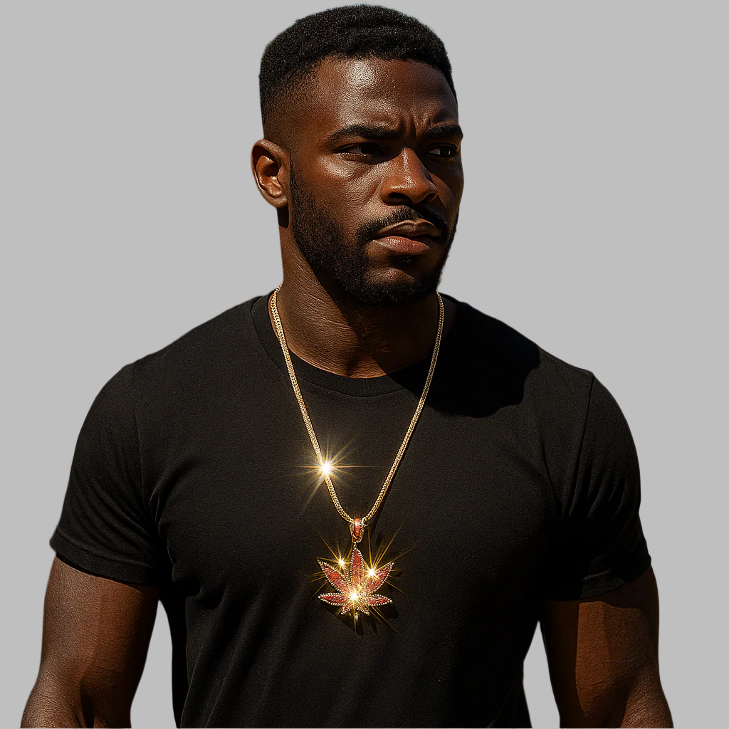 Iced Out Red Marijuana Leaf Pendant with 30" Franco Chain – 14K Gold Filled