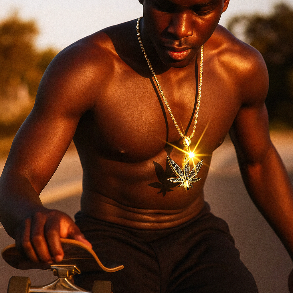 Iced Out Gold Black Marijuana Leaf Pendant with 30" Franco Chain – 14K Gold Filled
