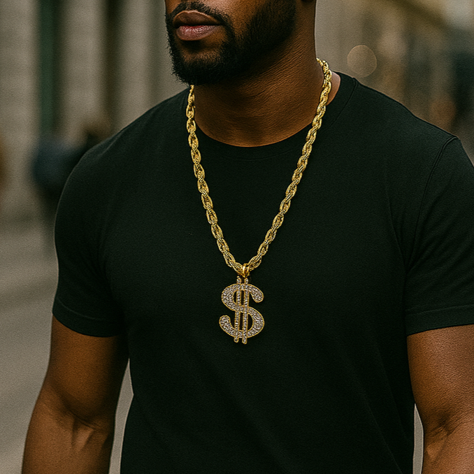 Gold Dollar Iced Crown Pendant with 30" Faux Gold Rope Chain – 14K Gold Filled Bling