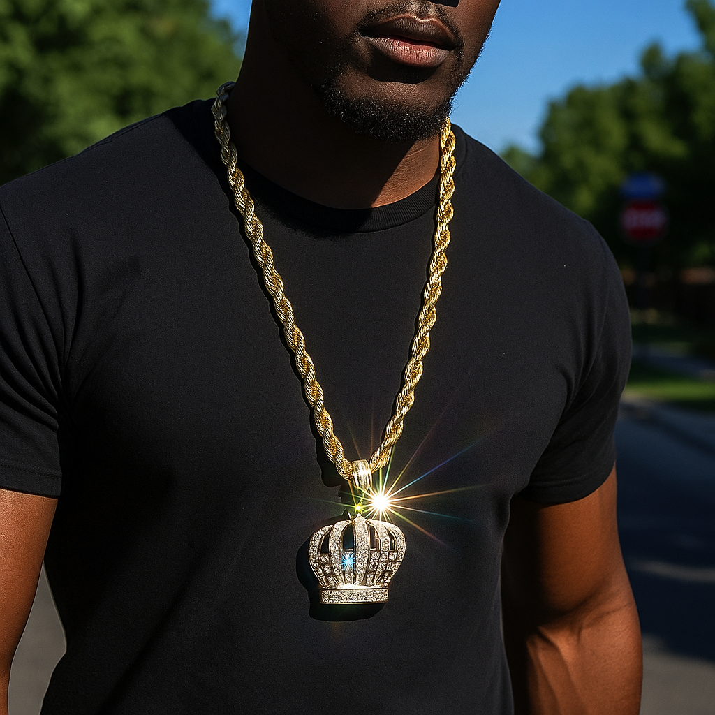 Iced Out Gold Crown Pendant with 30" Faux Gold Rope Chain – Hip Hop Bling