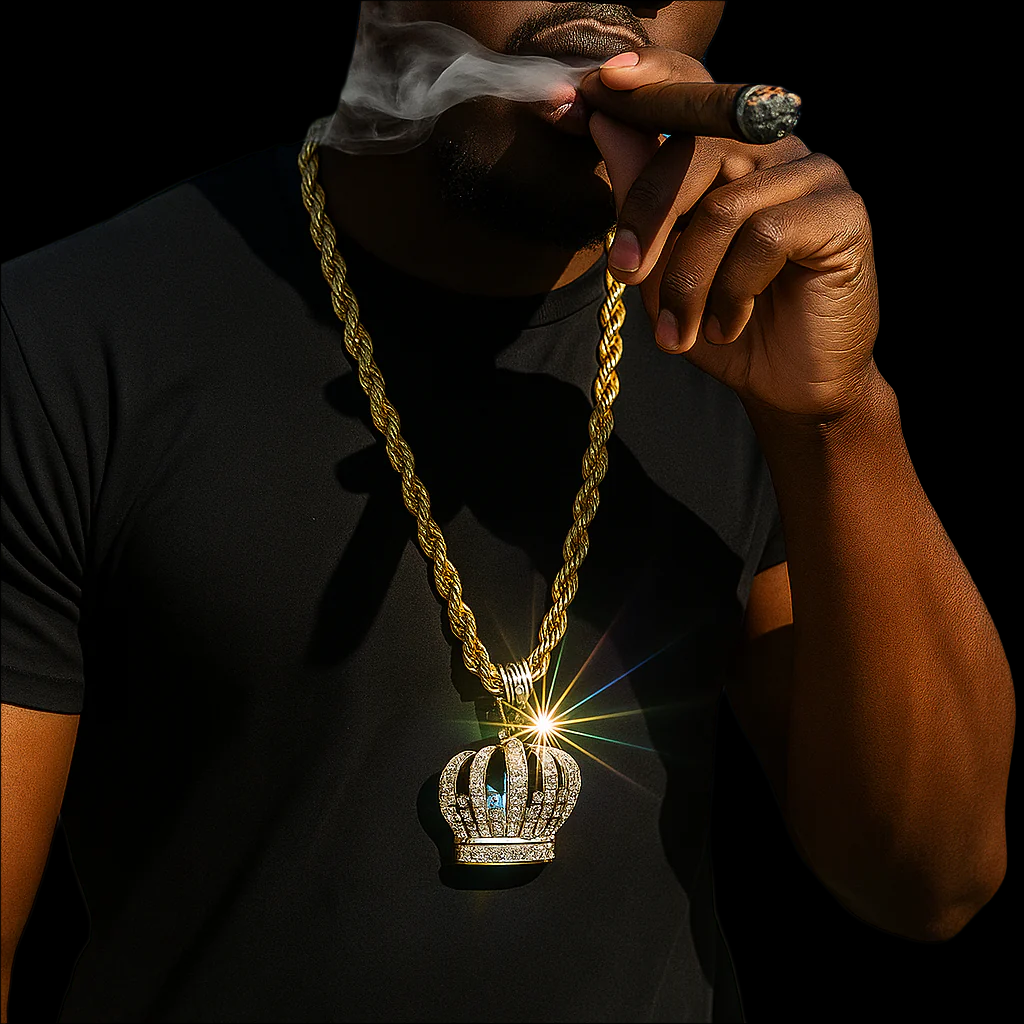 Iced Out Gold Crown Pendant with 30" Faux Gold Rope Chain – Hip Hop Bling