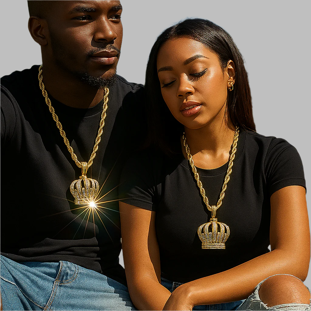 Iced Out Gold Crown Pendant with 30" Faux Gold Rope Chain – Hip Hop Bling