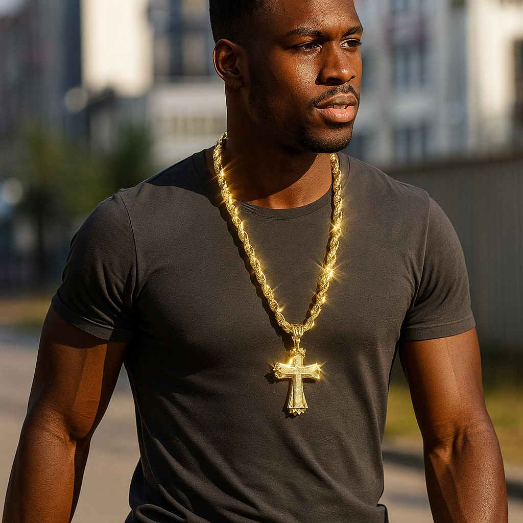 Iced Out Gold Hollow Cross Pendant with 30" Rope Chain – Hip Hop Bling