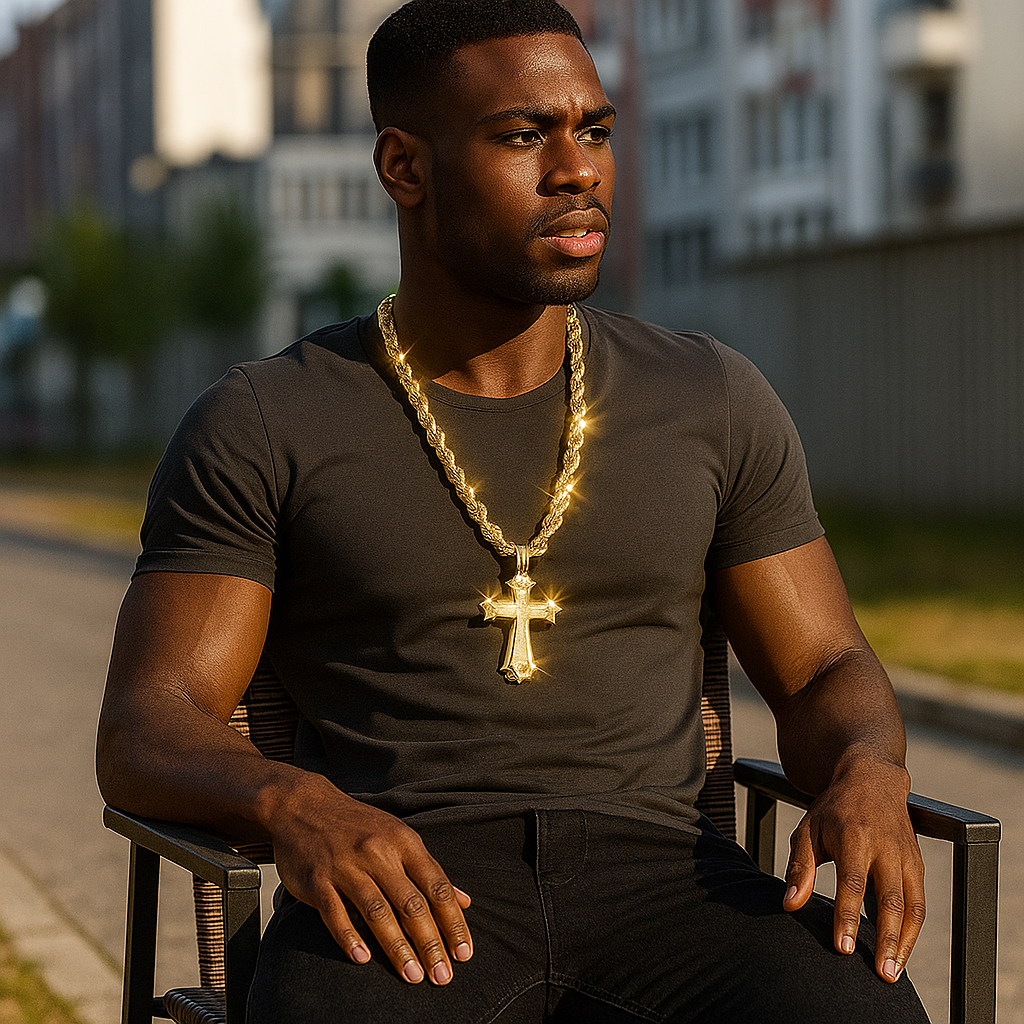 Iced Out Gold Hollow Cross Pendant with 30" Rope Chain – Hip Hop Bling