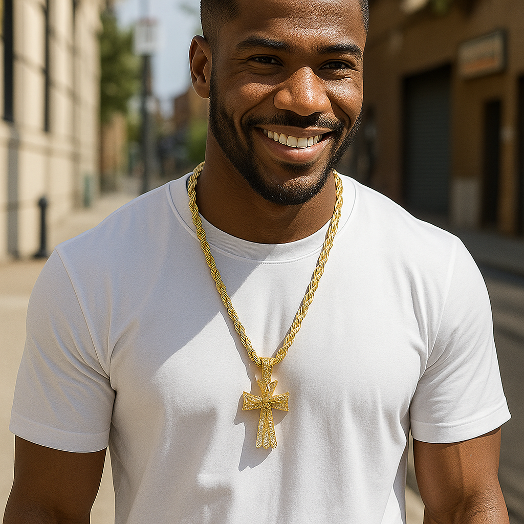 Iced Out Gold Jesus Cross Pendant with 30" Rope Chain – Hip Hop Bling