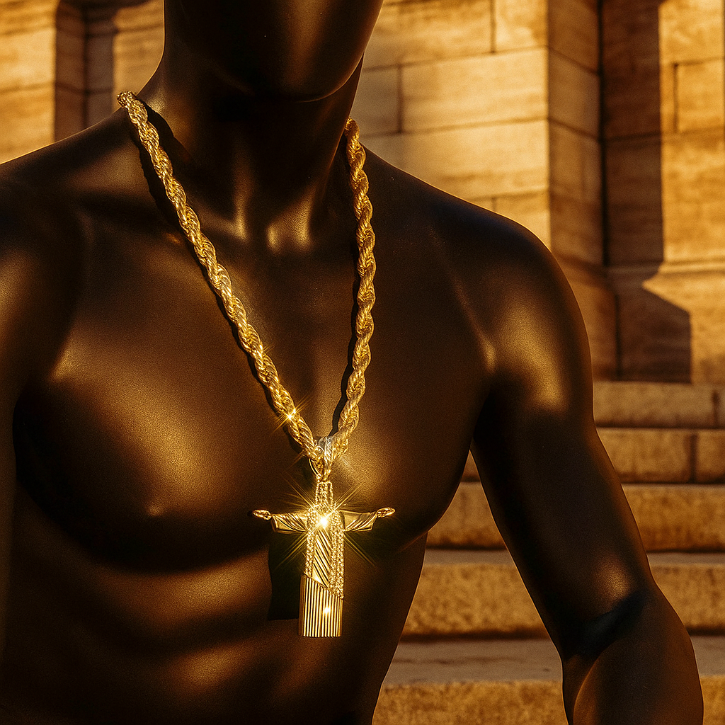 Iced Out Gold Resurrection Pendant with 30" Rope Chain – Giant Hip Hop Bling