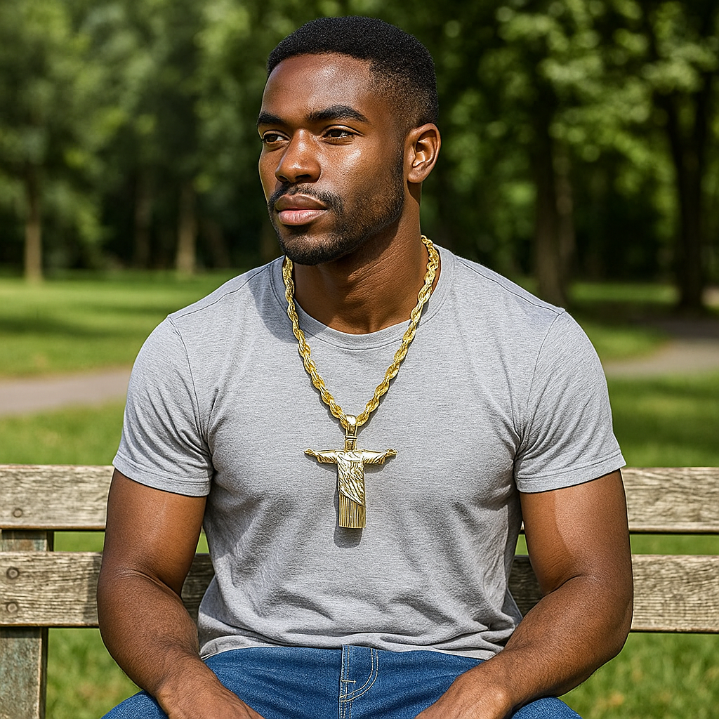 Iced Out Gold Resurrection Pendant with 30" Rope Chain – Giant Hip Hop Bling