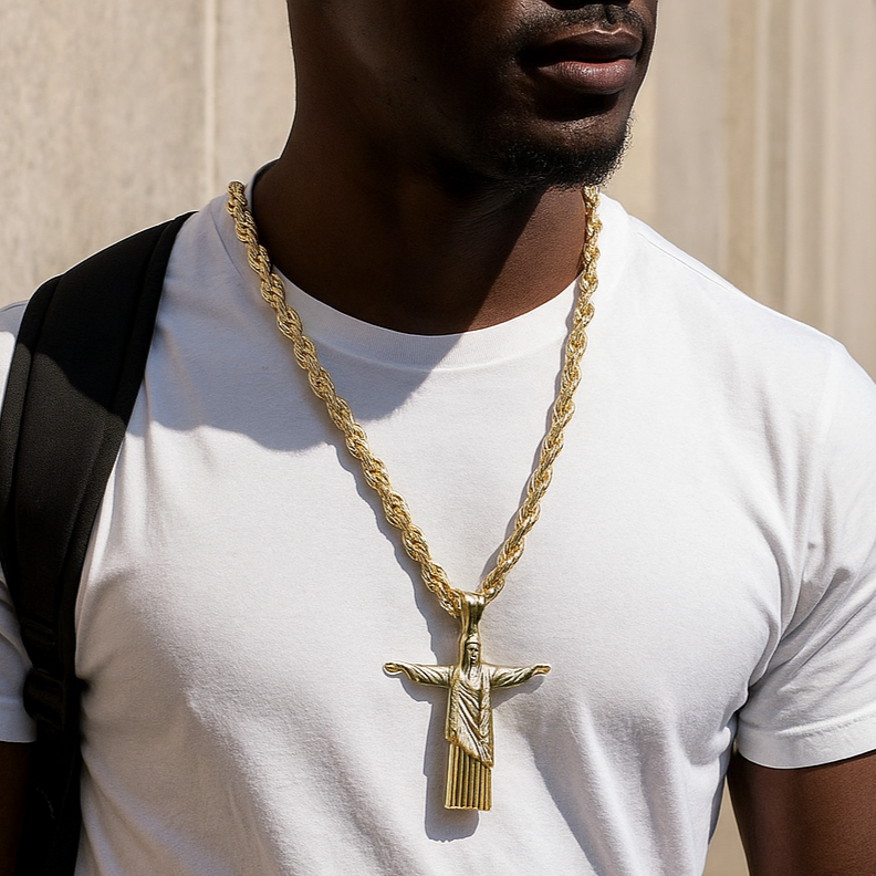 Iced Out Gold Resurrection Pendant with 30" Rope Chain – Giant Hip Hop Bling