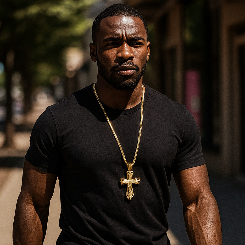Gold CZ Hollow Cross Necklace with Iced-Out CZ Stones & 30" Franco Chain – 14K Gold-Plated Hip Hop Pendant