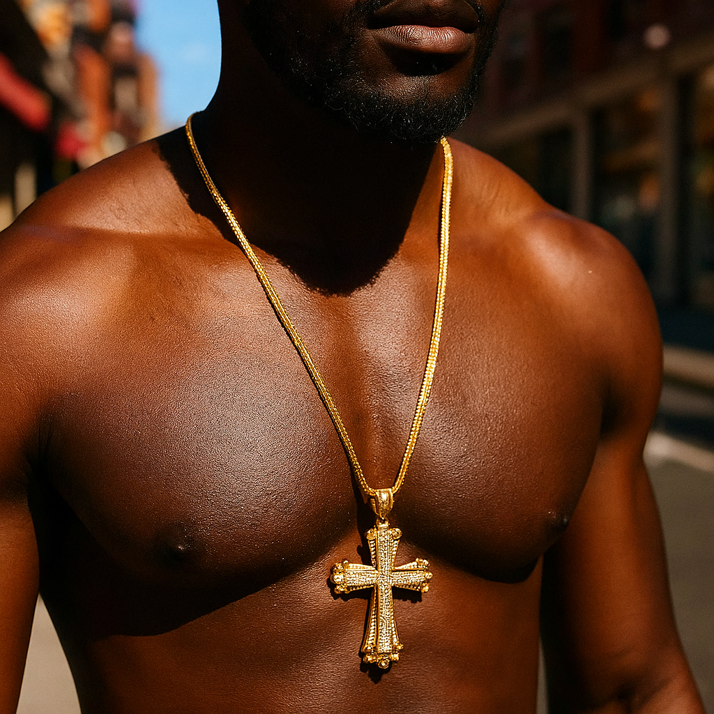 Gold CZ Hollow Cross Necklace with Iced-Out CZ Stones & 30" Franco Chain – 14K Gold-Plated Hip Hop Pendant