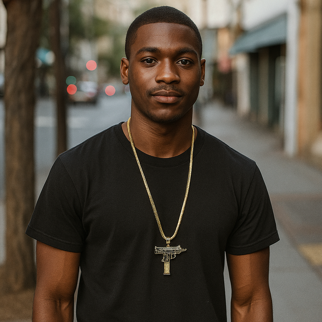 Gold Uzi Gun Black Yellow Necklace with Iced-Out CZ Stones & 30" Franco Chain – 14K Gold-Plated Hip Hop Pendant