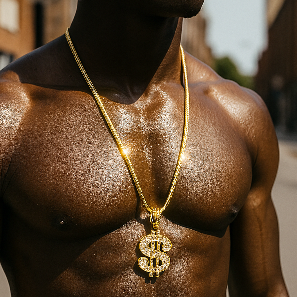 Gold Dollar Necklace with Iced-Out CZ Stones & 30" Franco Chain – 14K Gold-Plated Hip Hop Pendant